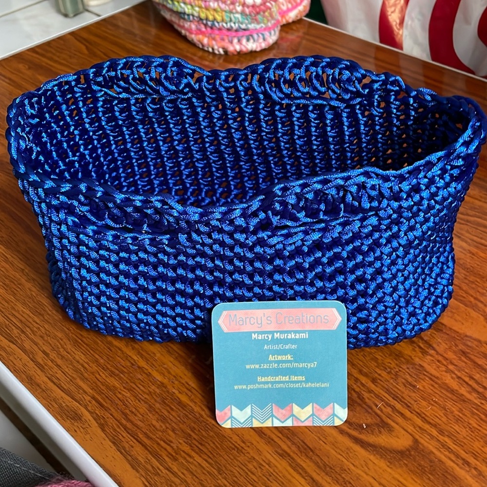 Crocheted baskets/Bag. Hard bottom, Royal blue satin cord.